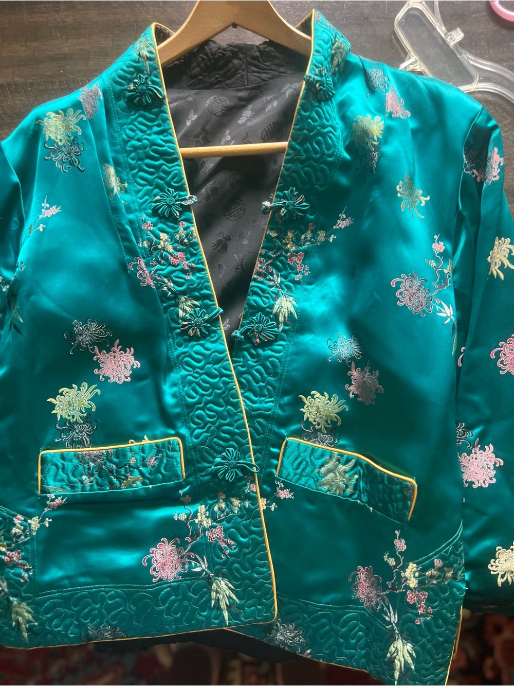 Source Unknown Teal Satin Blazer with Floral Embroidery